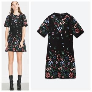 Zara Black Floral Embroidered Short Sleeve Mini Dress Size Large